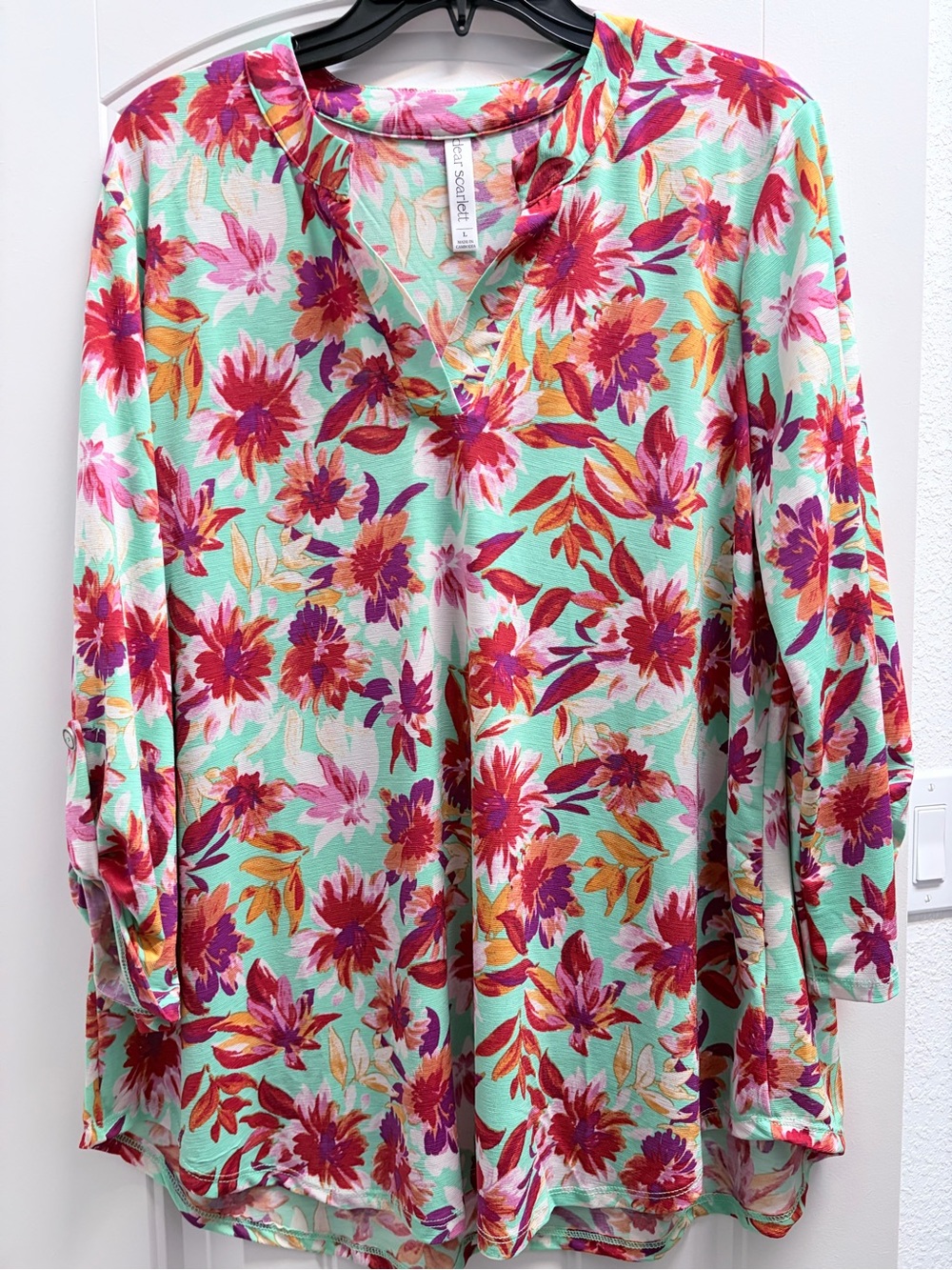 Scarlett Mint Floral V-Neck Blouse with Pink & Orange Accents